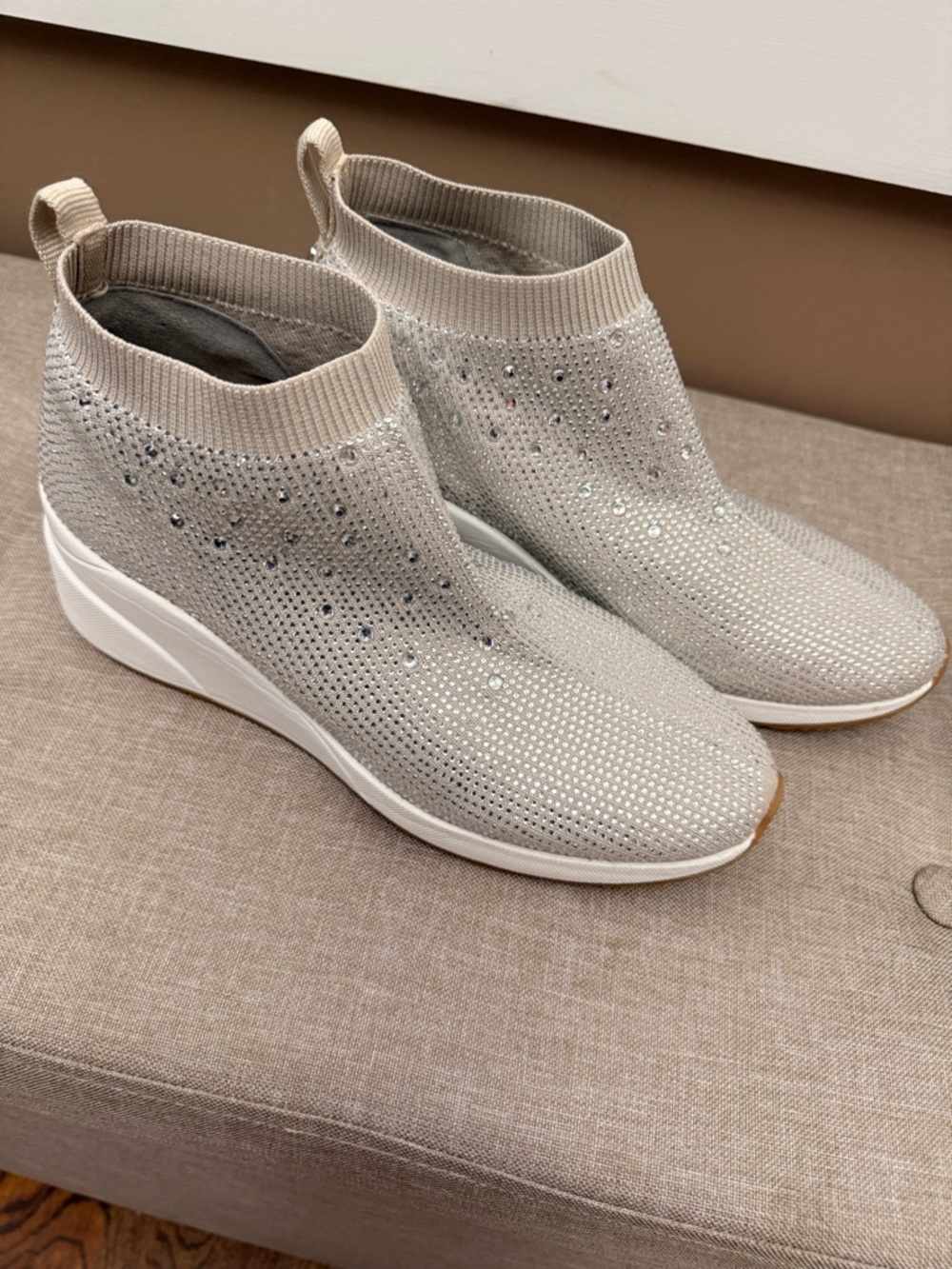 Alex Marie Beige Knit Slip-On Wedge Sneakers with Rhinestone Embellishments